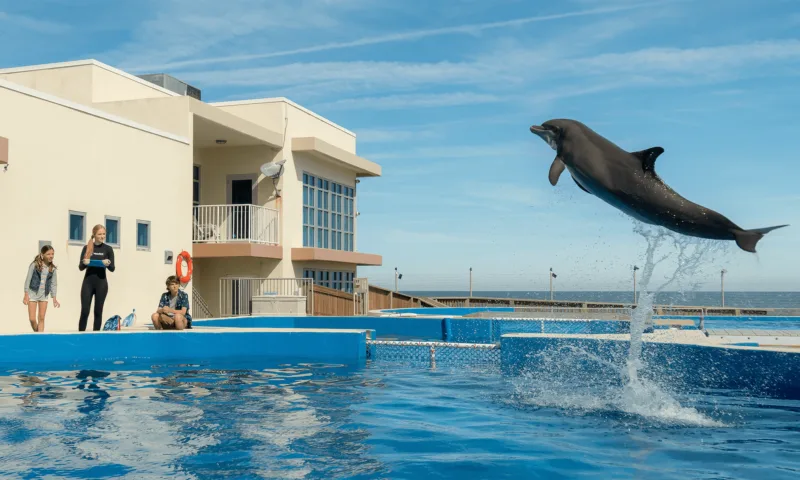 A dolphin leaping from the pool at a seaside marine park