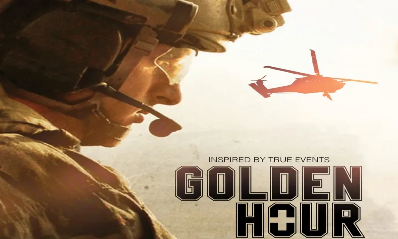 A soldier watching a helicopter come in, under the Golden Hour title