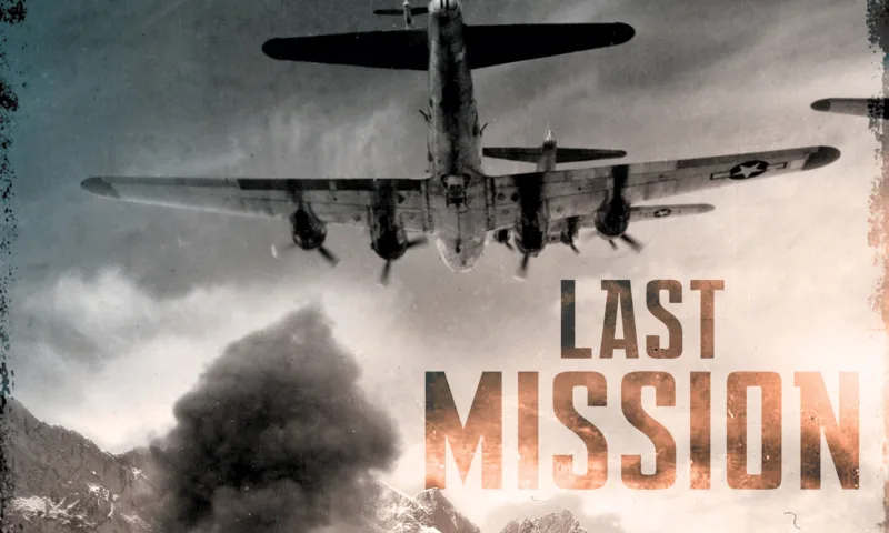A bomber in flight above smoke, under the Last Mission title