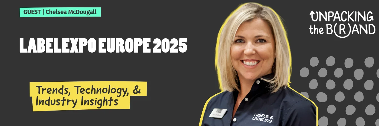 Smiling blonde woman in a navy Labels & Labeling shirt beside podcast title text.