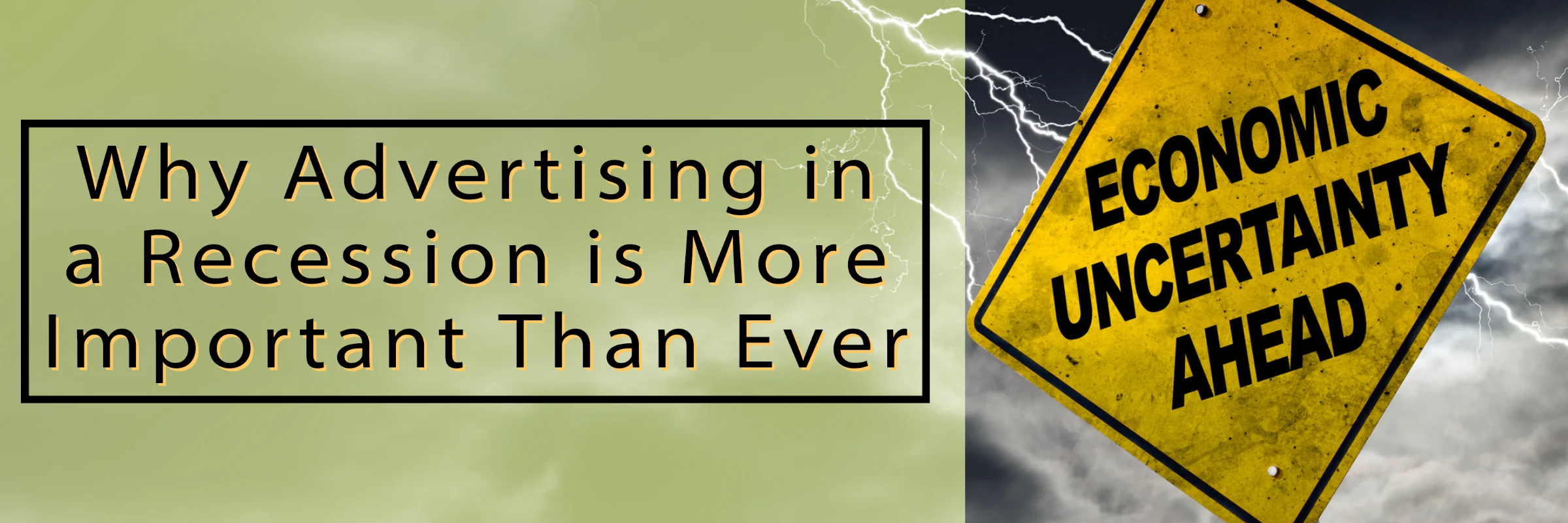 Yellow road sign reading "Economic Uncertainty Ahead" tilted against dark storm clouds and lightning.