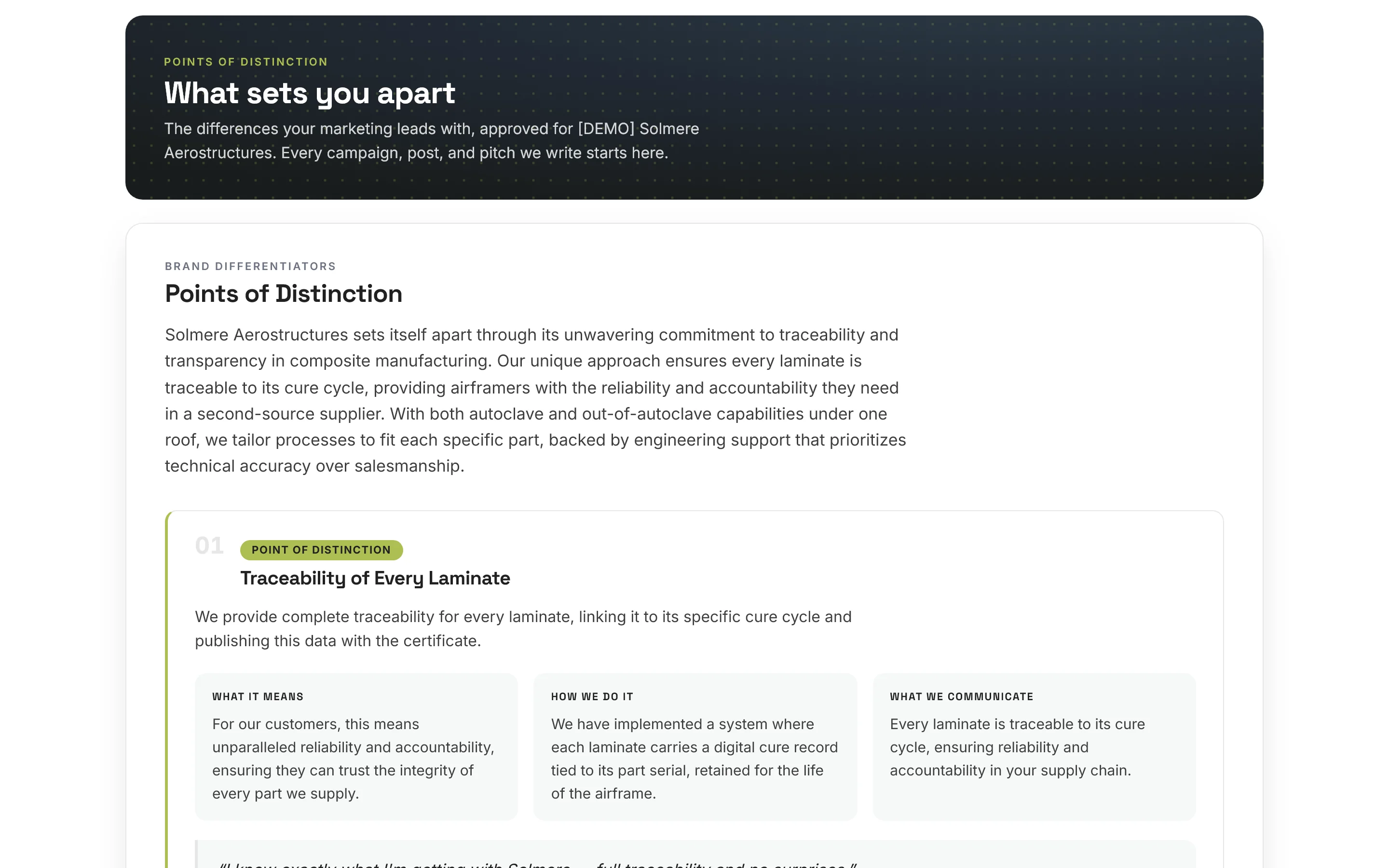 The brand differentiators record: each claim with the proof behind it