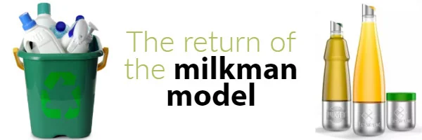 The return of the milkman model" between a green bin of plastic bottles and glass bottles