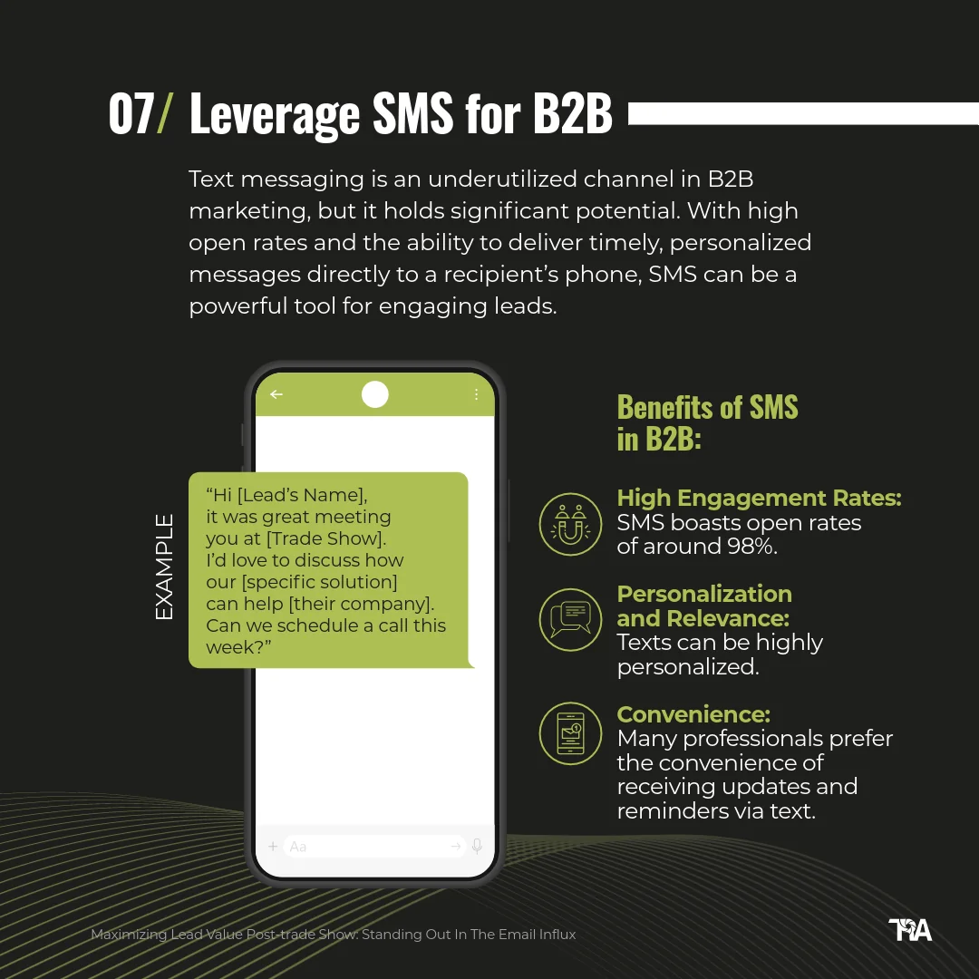 Infographic slide with a phone showing an example follow-up text, beside three icons listing SMS benefits for B2B.