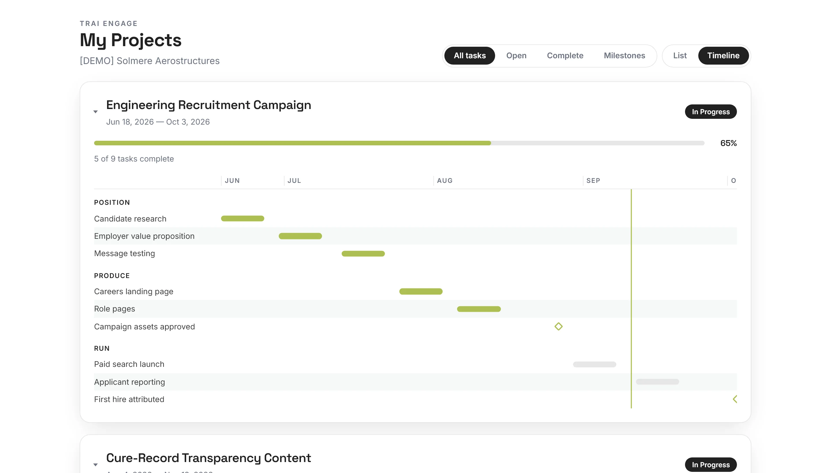 The project timeline view across an engagement