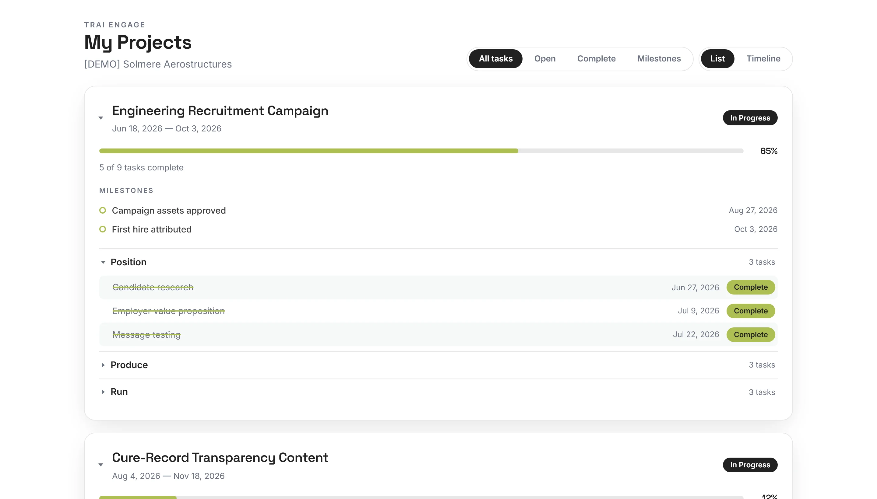 The My Projects dashboard listing active projects with their stages and deliverables