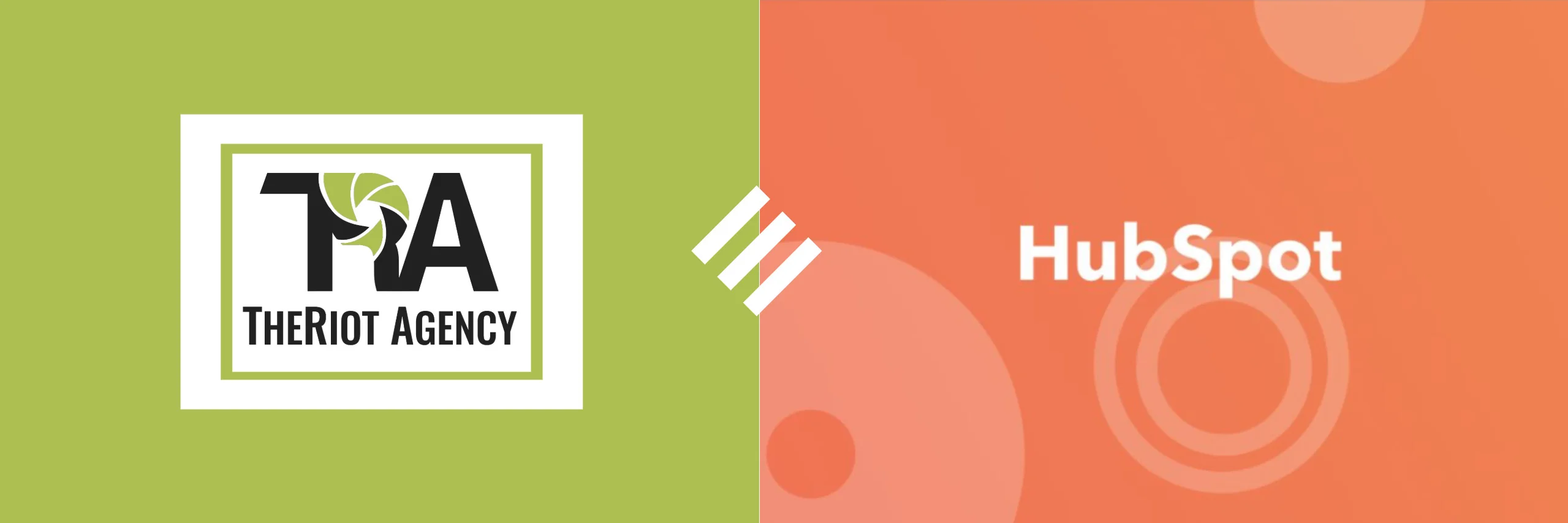Split banner with the TheRiot Agency logo on green at left and the HubSpot wordmark on orange at right.