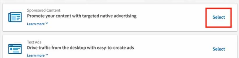 Ad type options Sponsored Content and Text Ads, with Sponsored Content's Select button outlined in red.