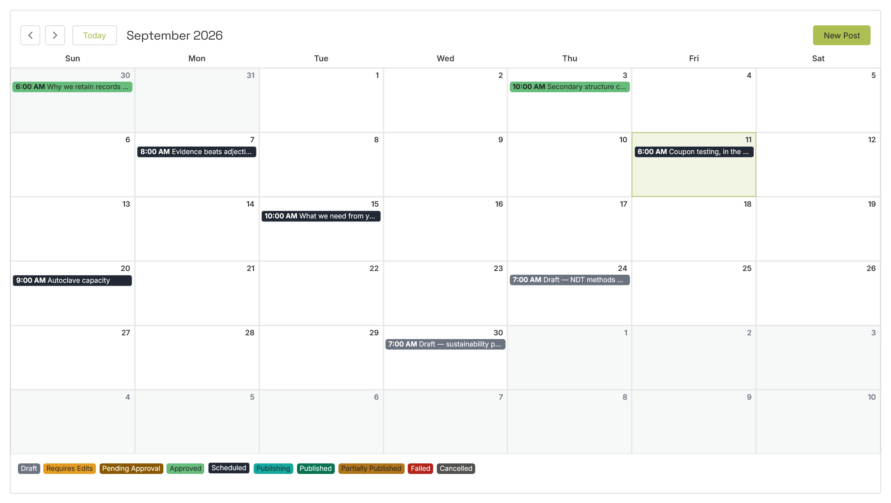 The social publishing calendar with drafted and scheduled posts