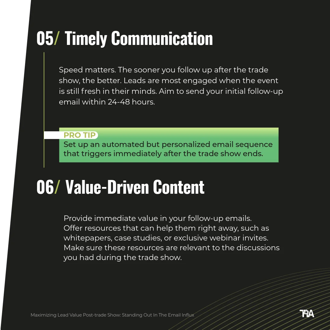 Slide listing two follow-up tips: send emails within 24-48 hours, and share relevant resources like whitepapers.