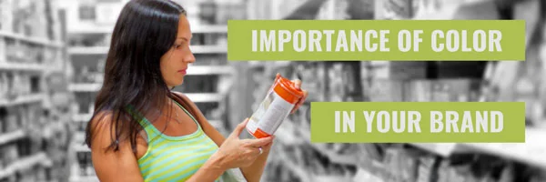 A woman in a green striped top examines an orange-capped container in a store aisle, with the shelves shown in grayscale.